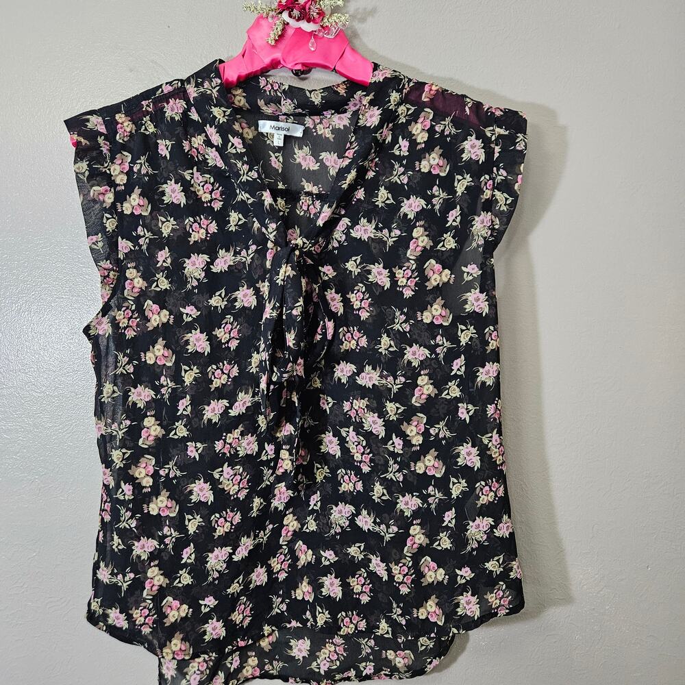 Marisol Sheer Floral Flutter Cap Sleeve Blouse Women L Cottage Coquette Romantic